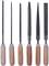 Six different files with wooden handles in a row, each with distinct shapes and blade widths.