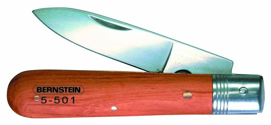 Pocket knife with an open blade and a brown wooden handle. On the handle is written 'Bernstein 5-501'.