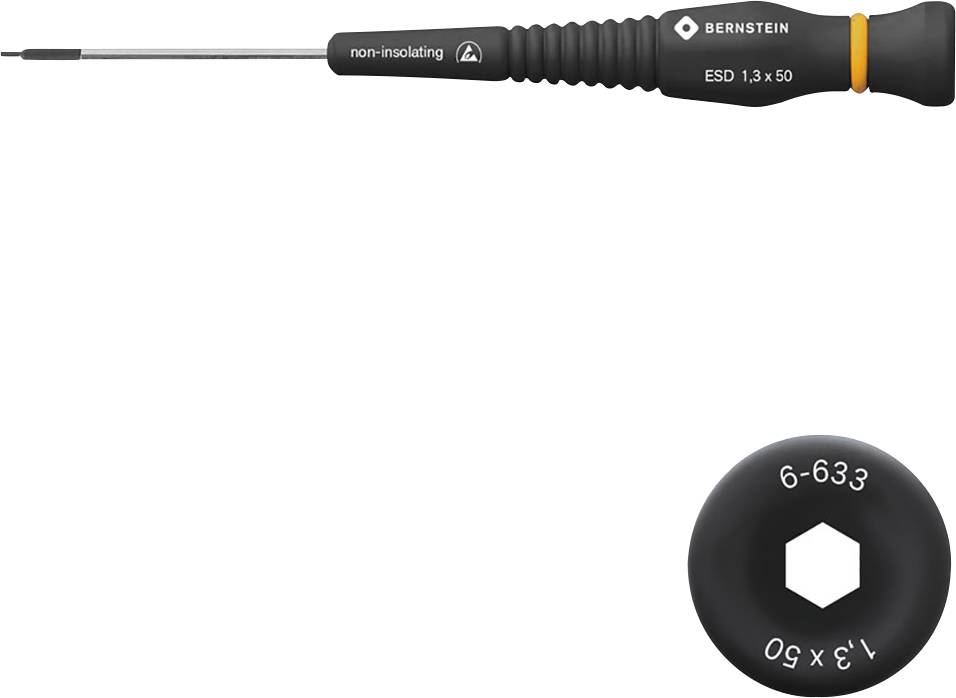 Screwdriver with grip marking 'non-insulating ESD 1.3 x 50 BERNSTEIN'. Shows a hexagonal screw cap at the top.