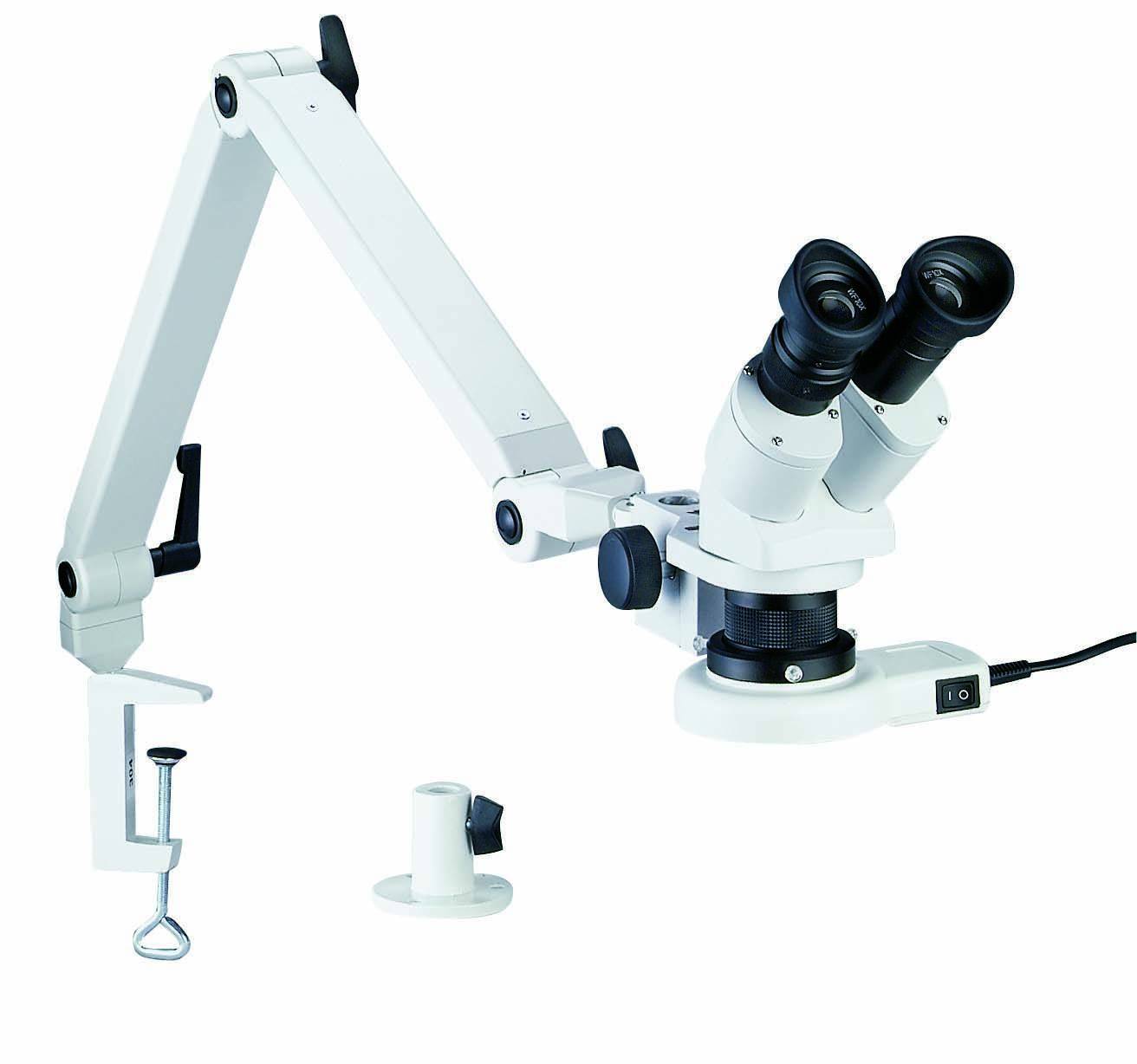 Microscope with a pivoting arm and dual eyepieces, suitable for precise examinations in laboratory or scientific environments.