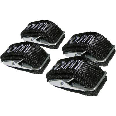 Four black tension straps with metal buckles, arranged on a white background.