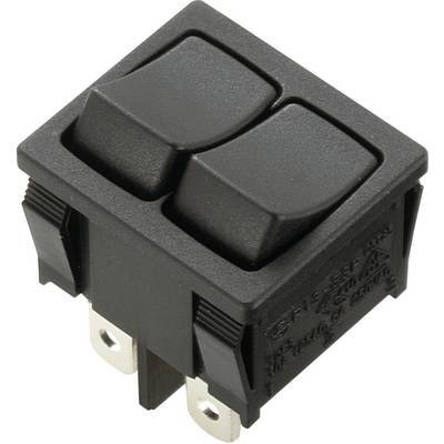 Black network switch with two toggle switches and three silver plug connections, suitable for electrical devices.