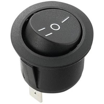 Round black rocker switch, indicating the 'Off' position. Suitable for electronic devices to control electrical flow.