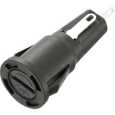 A black fuse holder with a mounting tab, used for securing electronic devices.