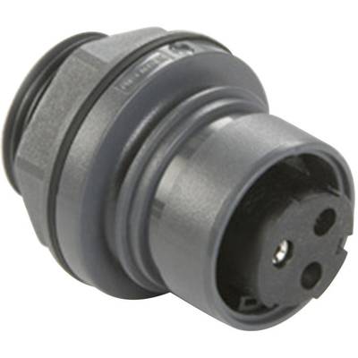 A round, grey electrical plug with three contact pins and two sealing rings. Suitable for waterproof connections.