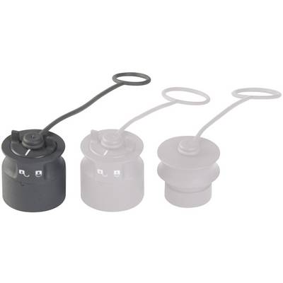 Three sealing caps with different shapes and colours, each with an integrated retaining ring. Left dark grey, right larger and lighter.