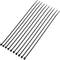 Ten black cable ties laid side by side on a light background, all of equal length, identifiable by their thin, flexible straps.