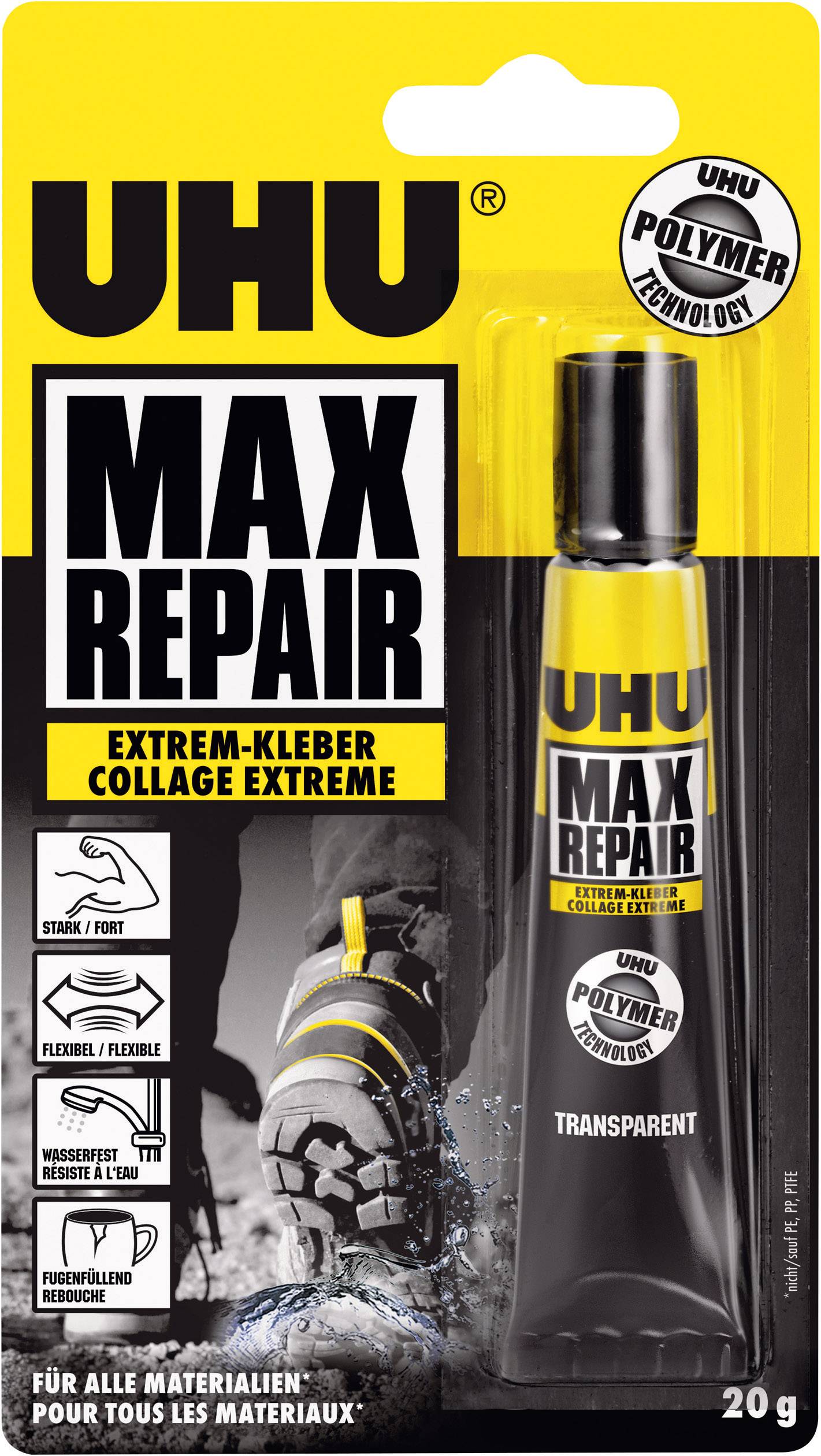 Packaging for UHU Max Repair Adhesive. Shows a shoe repair with waterproof and strong glue suitable for all materials.