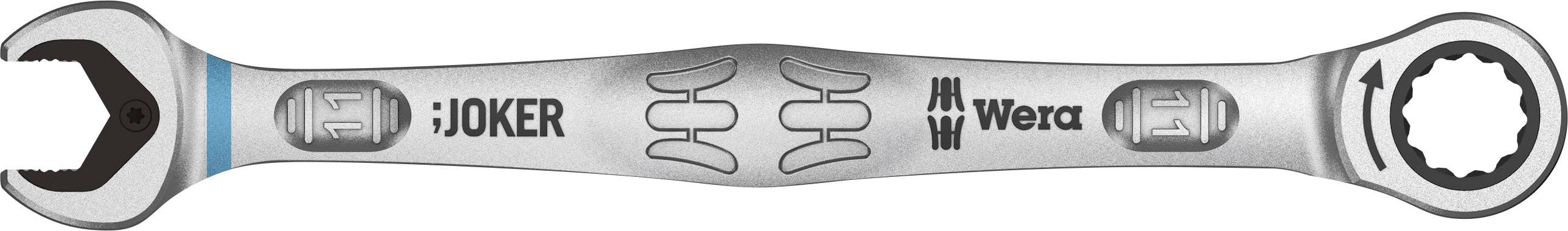 A silver adjustable spanner with open and ring closures, brand name 'Joker', manufacturer 'Wera', symmetrical design in the centre.