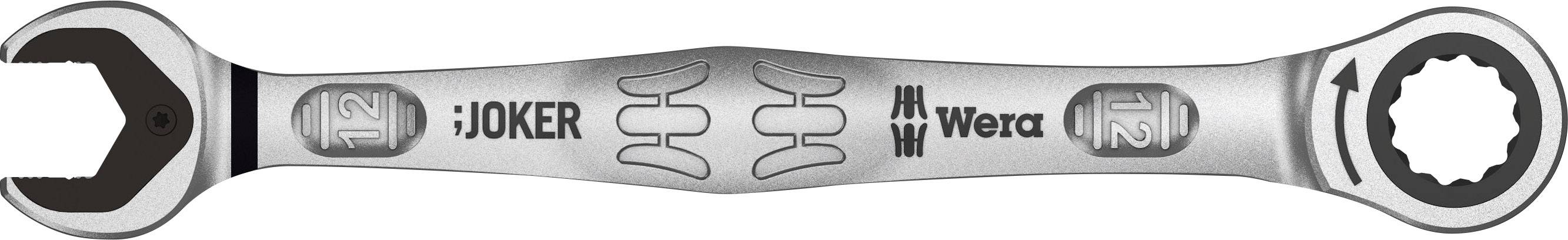 Adjustable spanner with 'Joker' and 'Wera' markings, displaying a symmetrical design with different tool heads at each end.