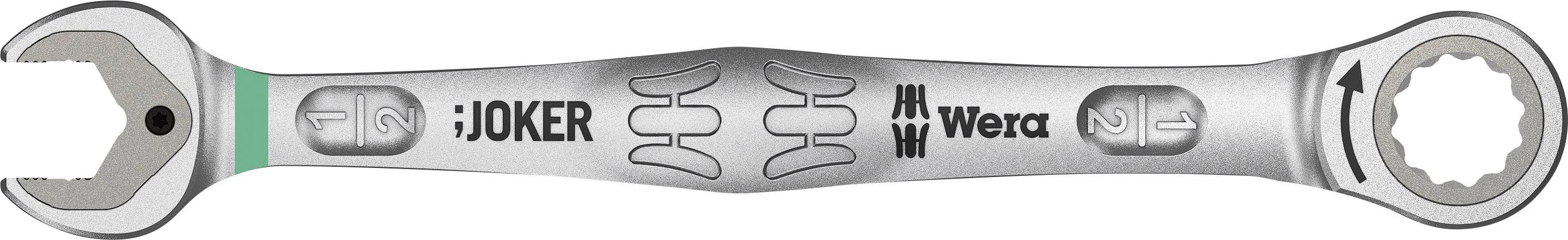 Ratchet ring spanner with open and toothed sides. Markings and arrows indicating function. 'Wera' brand logo visible.