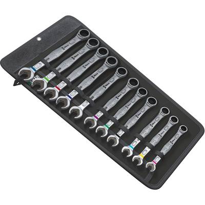 A set of open-ended spanners of varying sizes, neatly arranged in a black holder.