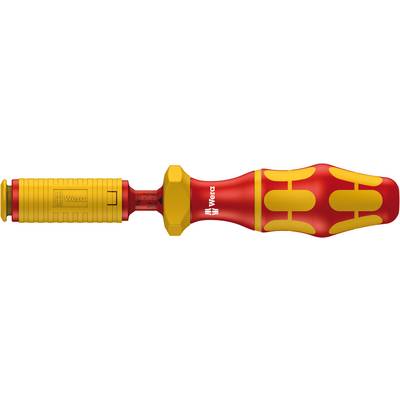 Insulated screwdriver with yellow and red handle and embossed Wera logo, suitable for electrical work.