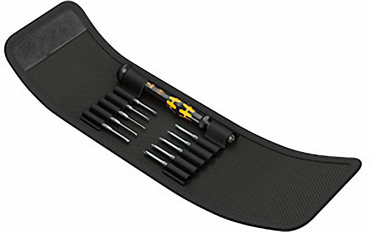 Black rolling tool set with multiple screwdrivers and bits in various sizes, displayed on a black mat.