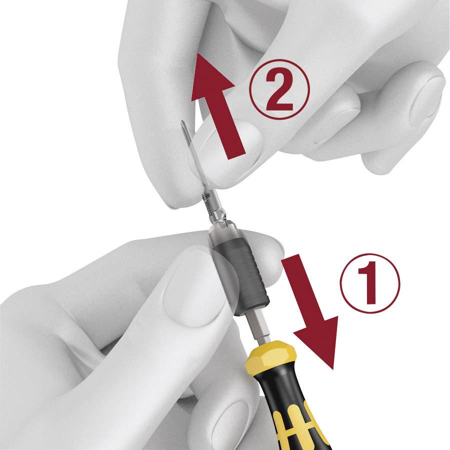 A hand holds a screwdriver, while the other points upwards with an arrow. Arrows indicate the rotational direction for tightening a screw.