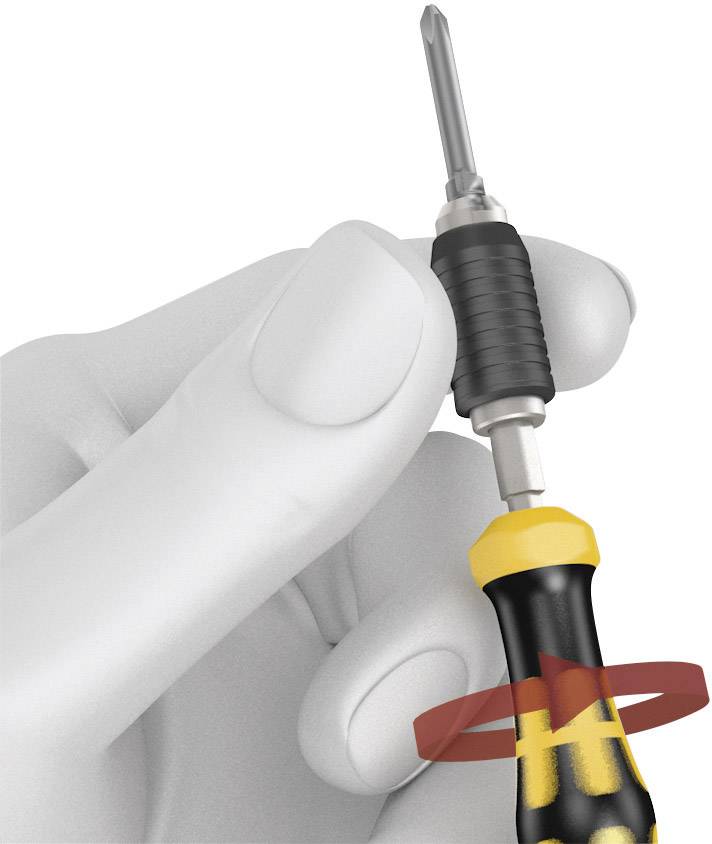 A hand is holding a screwdriver with a rotatable handle, enabling easy switching between different tool heads.