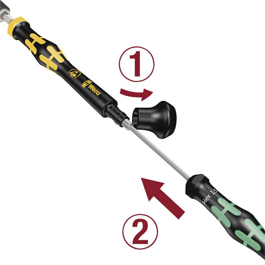 A screwdriver with two handles indicates movement directions by arrows. The upper handle rotates clockwise, the lower handle anticlockwise.