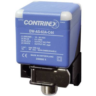 A blue, rectangular proximity switch by Contrinex, model 'DW-AS-63A-C44', with connection data on the front side.
