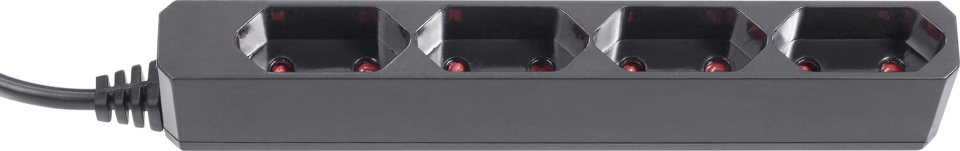 Black four-way power socket with cable, suitable for extending electrical connections.