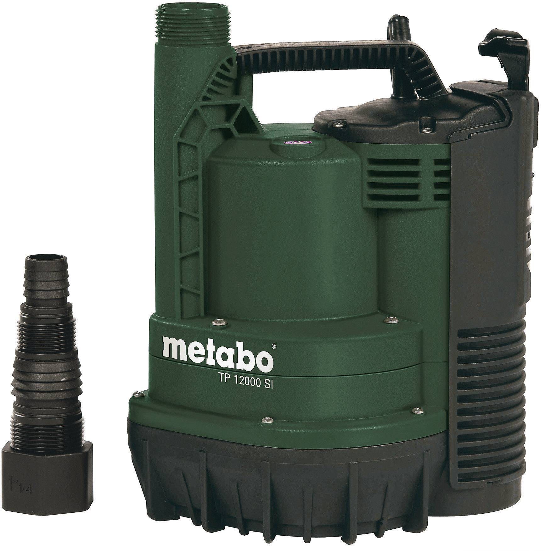 A green submersible pump next to a black adapter. On the pump it reads 'metabo TP 12000 SI'.