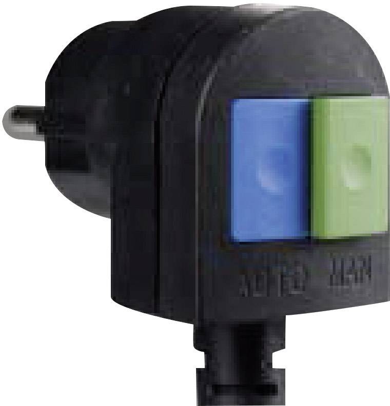 A black plug with two buttons, one blue and one green, which have functions for testing and resetting.