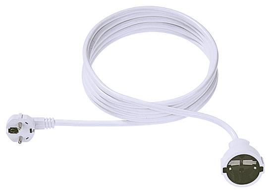 White extension lead, coiled, with two plugs, suitable for indoor use.