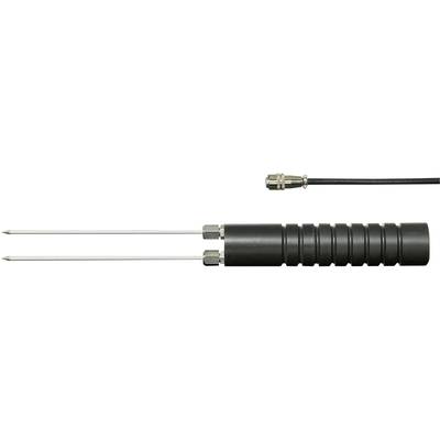 A black, ribbed moisture probe with two long metal pins and a cable with a plug. Used for measuring soil moisture.