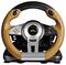 A racing steering wheel for video games in brown and black with multiple buttons on the grips and a central logo display.