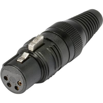Black three-pin XLR connector, commonly used for professional audio connections such as microphones and mixing desks.
