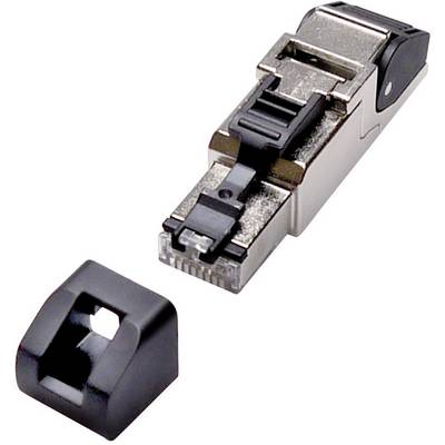 An RJ45 plug with a black protective cover. The plug is metallic and features a locking mechanism.