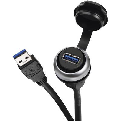 USB 3.0 cable and connector with cover for front mounting, black, showing the connector and open cover.