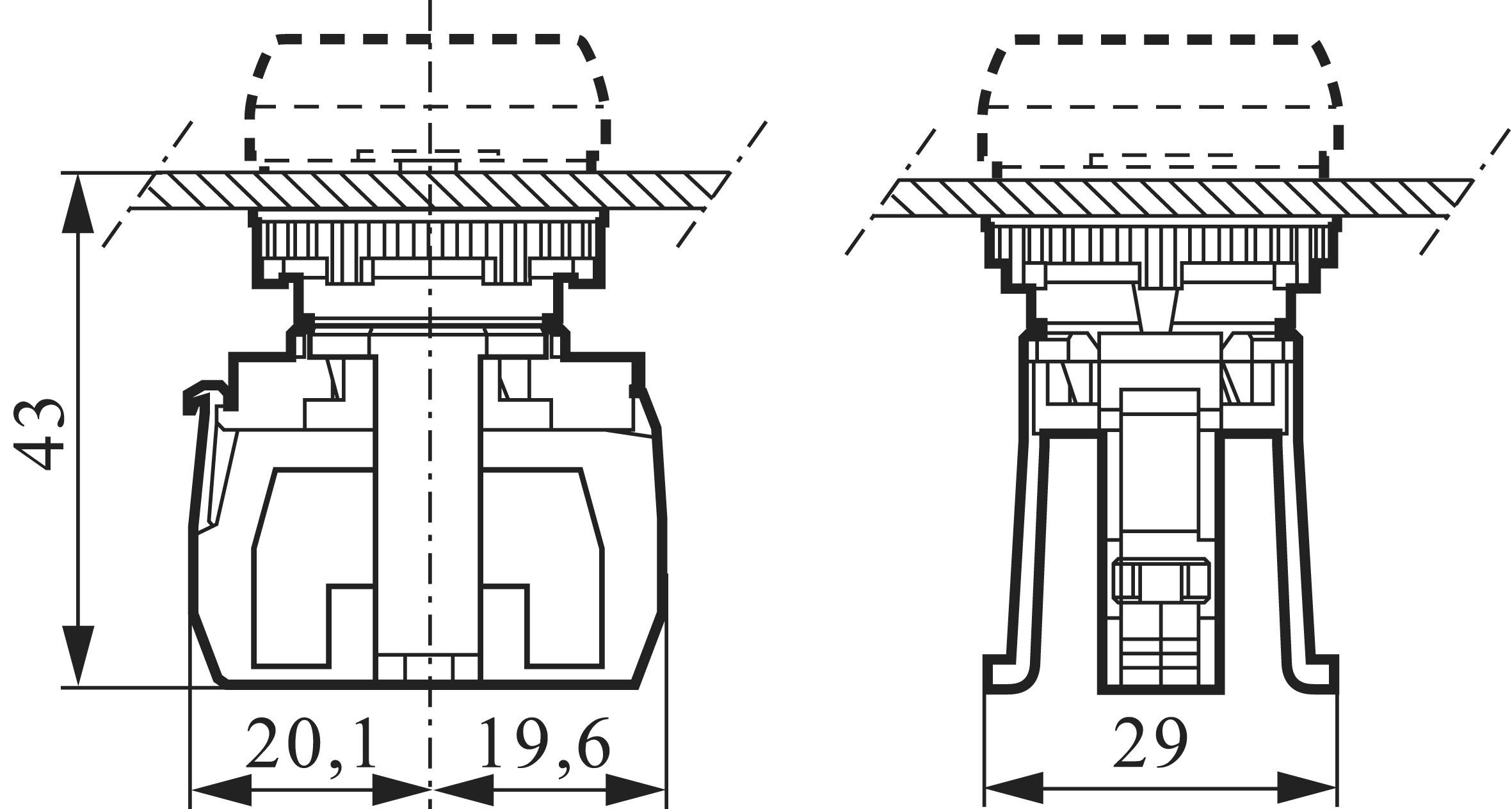 Technical drawing of two buttons with dimensions in millimetres: left 20.1 x 19.6, right 29. Height of both buttons: 43. Side view.
