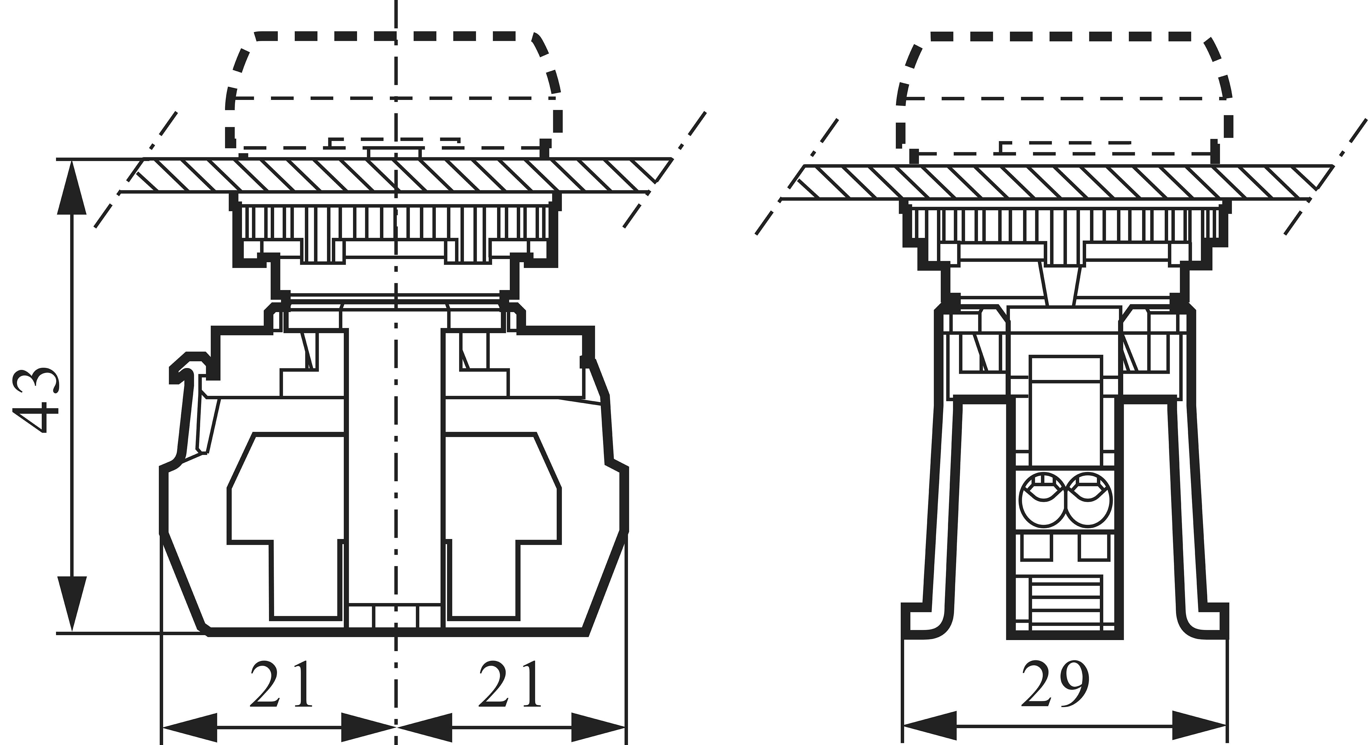 Technical drawing of two side views of an electrical switch with dimensions: 43 mm high, 21 mm wide.