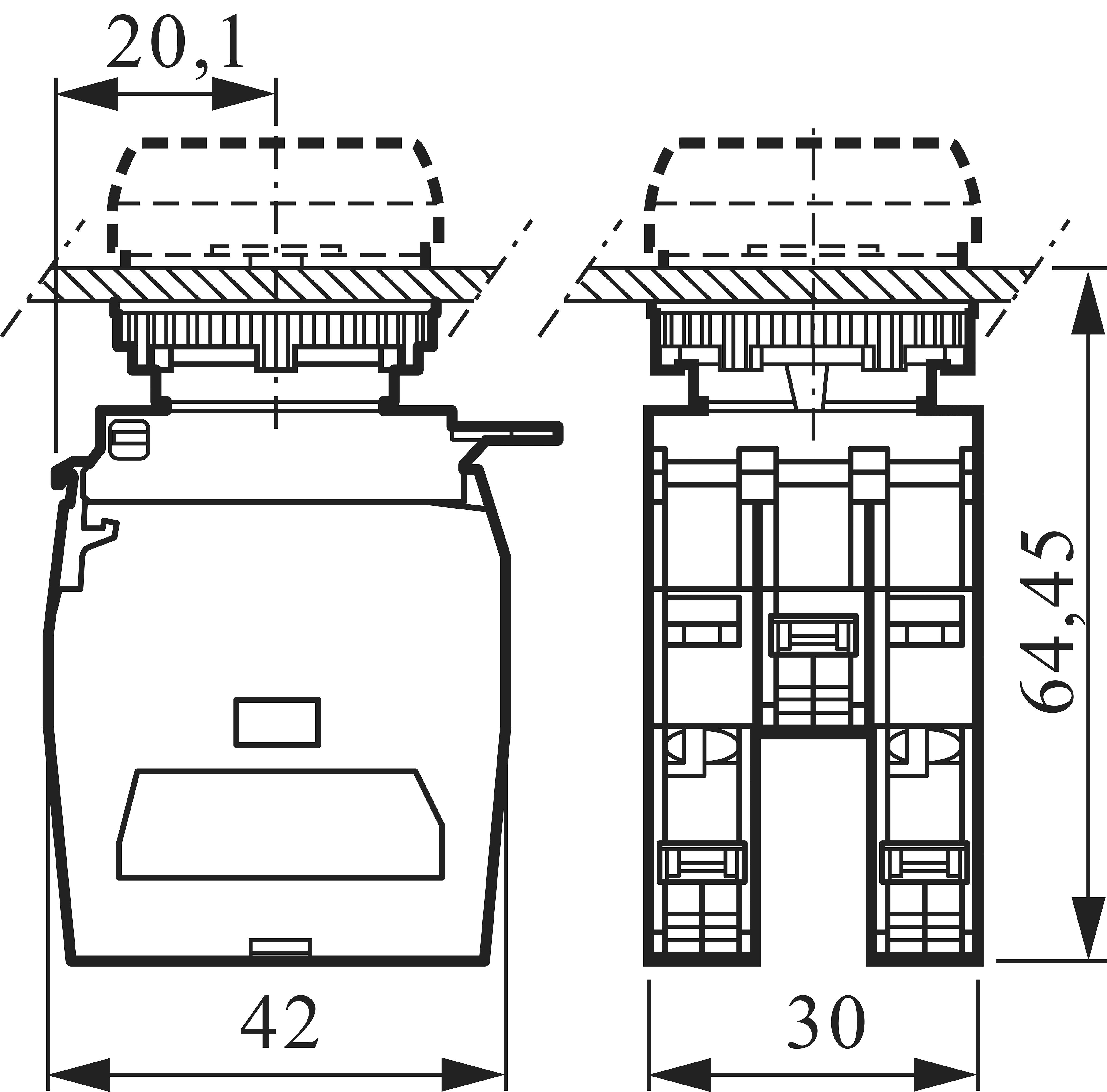 Technical drawing of an electrical switch. Shows front and side view with dimensions: 20.1 mm, 42 mm, 30 mm, 64.45 mm.