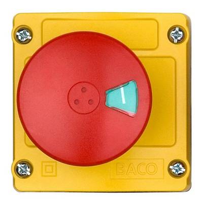 Yellow emergency switch with red rotary knob pointing to 'On'. Four screws secure the housing, brand name 'BACO' visible.