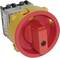 A red main switch with a yellow frame, typically used for electrical isolation in industrial applications.