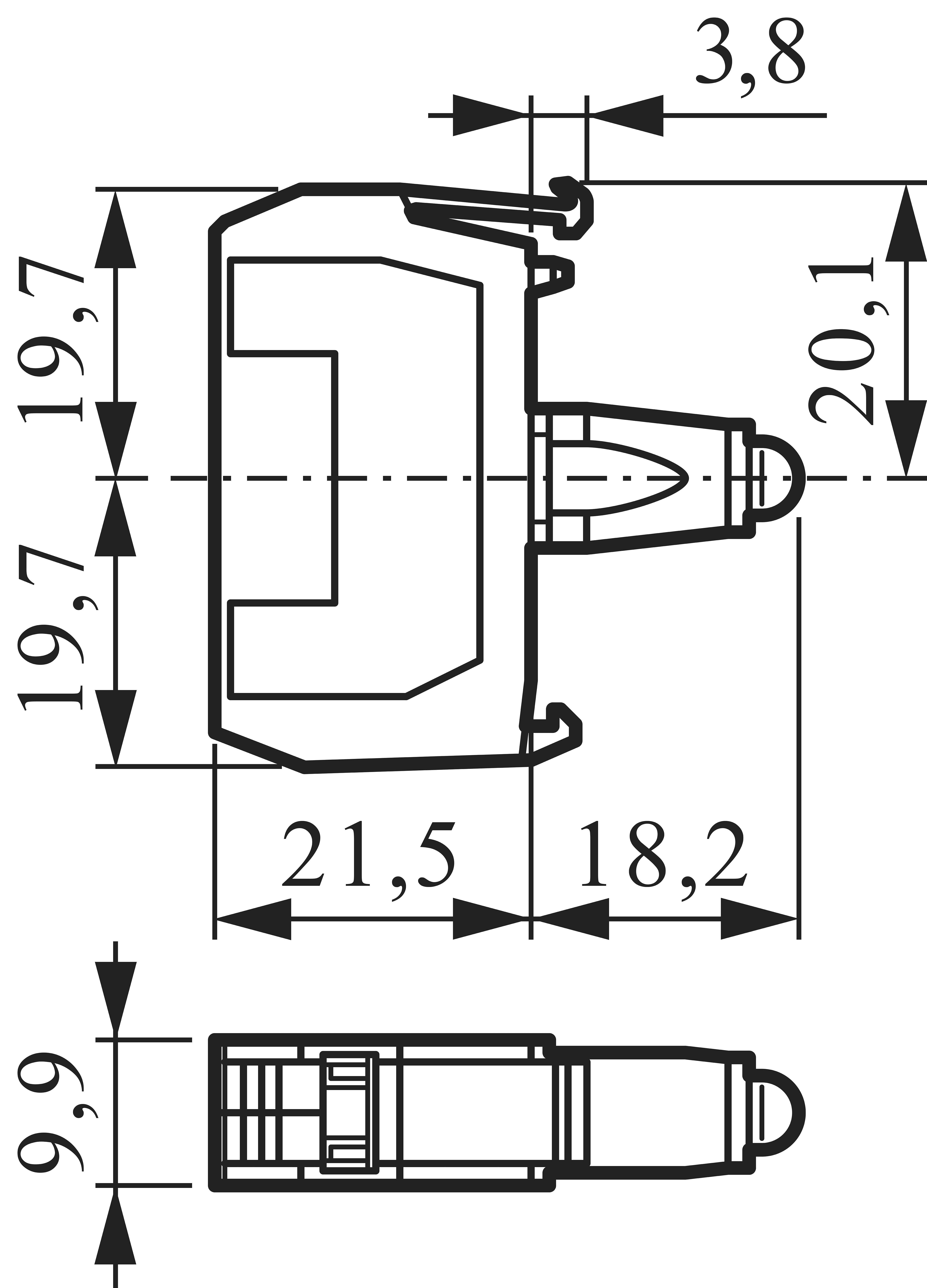 Technical drawing of a plug with dimensions in millimetres: 19.7 x 20.1 x 9.9, with specific measurements for individual components.
