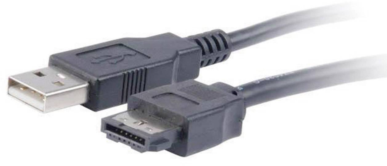 A USB cable with a standard connector on the left side and a special connector on the right side.