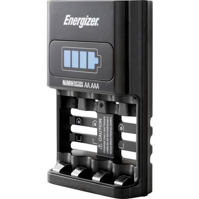 Black Energizer NiMH Battery Charger for AA and AAA Batteries. Displays LED indicator for the charging status of inserted batteries.