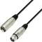Two XLR cable plugs with silver housings and black cables beside them. One has a male connector, the other a female socket.