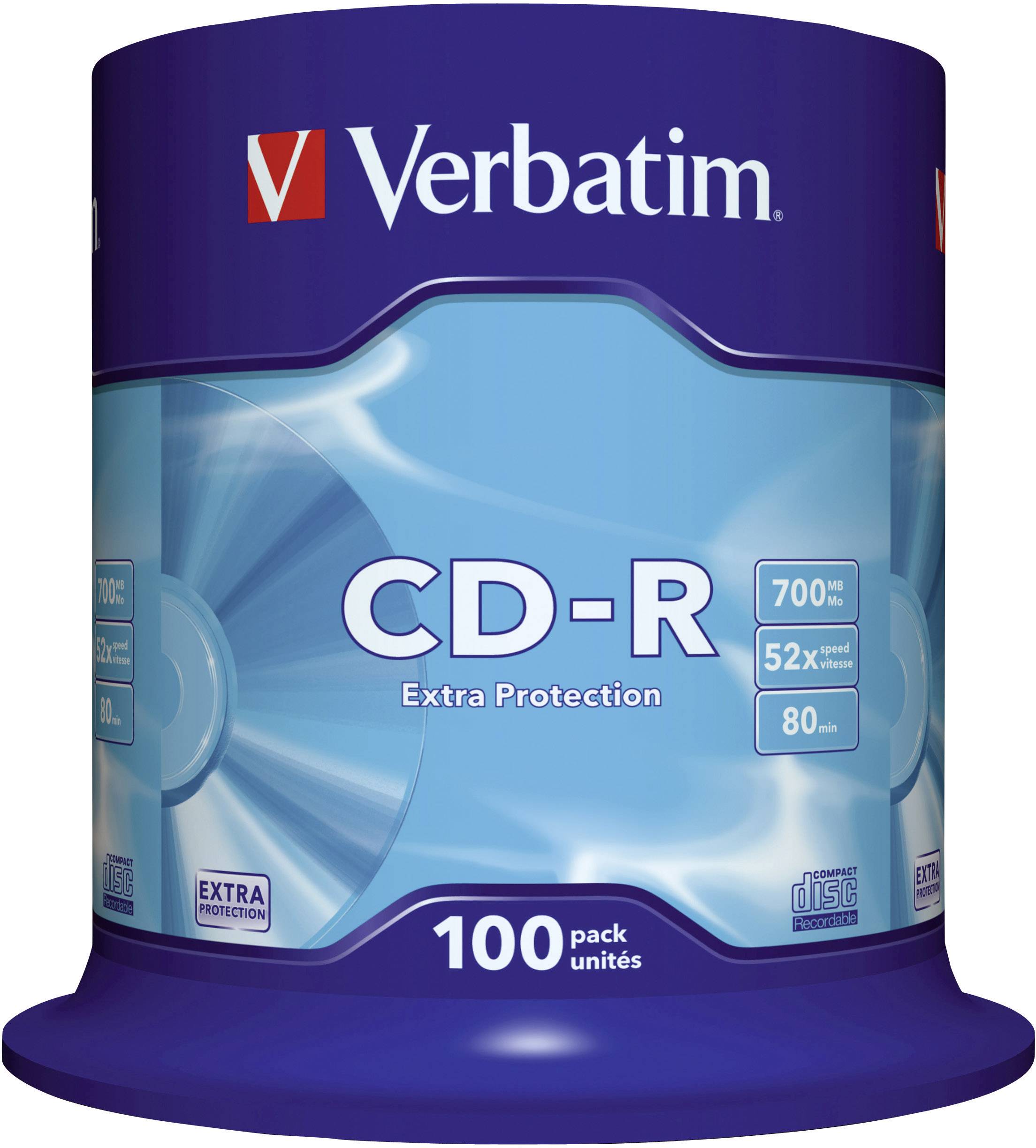 Verbatim CD-R pack with 100 CDs, 700 MB storage capacity, 52x write speed, 'Extra Protection' on blue packaging.