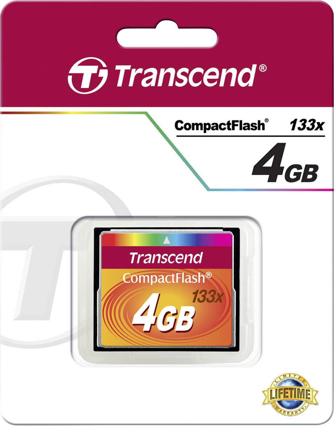 Transcend CompactFlash Memory Card, 4 GB, 133x Speed. Packaging shows card with lifetime warranty.