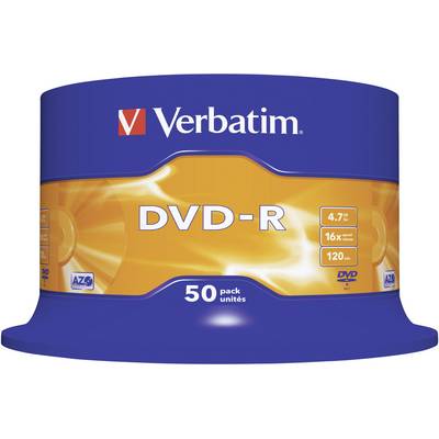 A spindle of 50 Verbatim DVD-Rs, 4.7 GB capacity, 16x write speed. Packaging in blue and orange.