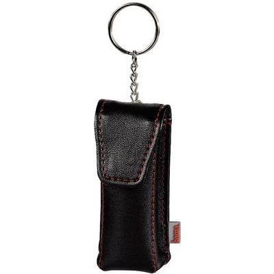 Black key fob made of leather-look material with red stitching and a silver metal ring, suitable for attaching to a keychain.
