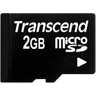 Black microSD card with white print: 'Transcend 2GB'.
