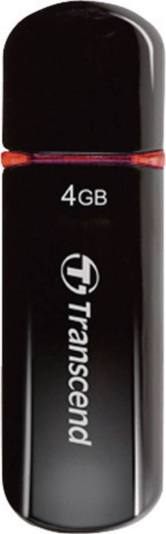 A black USB stick with the inscription 'Transcend' and '4GB'.