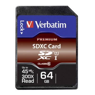 A Verbatim SDXC memory card with 64 GB storage, UHS-I speed class and Class 10, reads up to 45 MB/s, 300x speed.