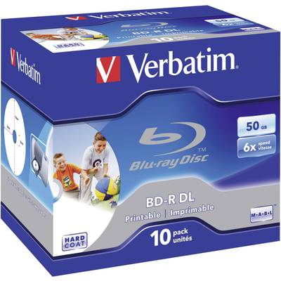Verbatim BD-R DL 50 GB, Pack of 10, printable, 6x speed, suitable for HD video and data storage.