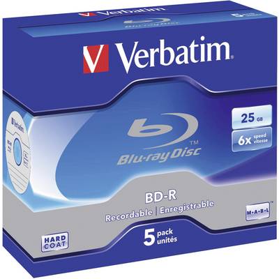 Verbatim BD-R Blu-ray Discs, 25 GB, 6x Speed, 5-Pack, Hard Coat, Stored in a Blue Packaging.