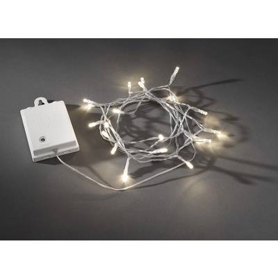 A luminous string of lights with a white cable is pictured next to a white, battery-operated control box against a dark background.